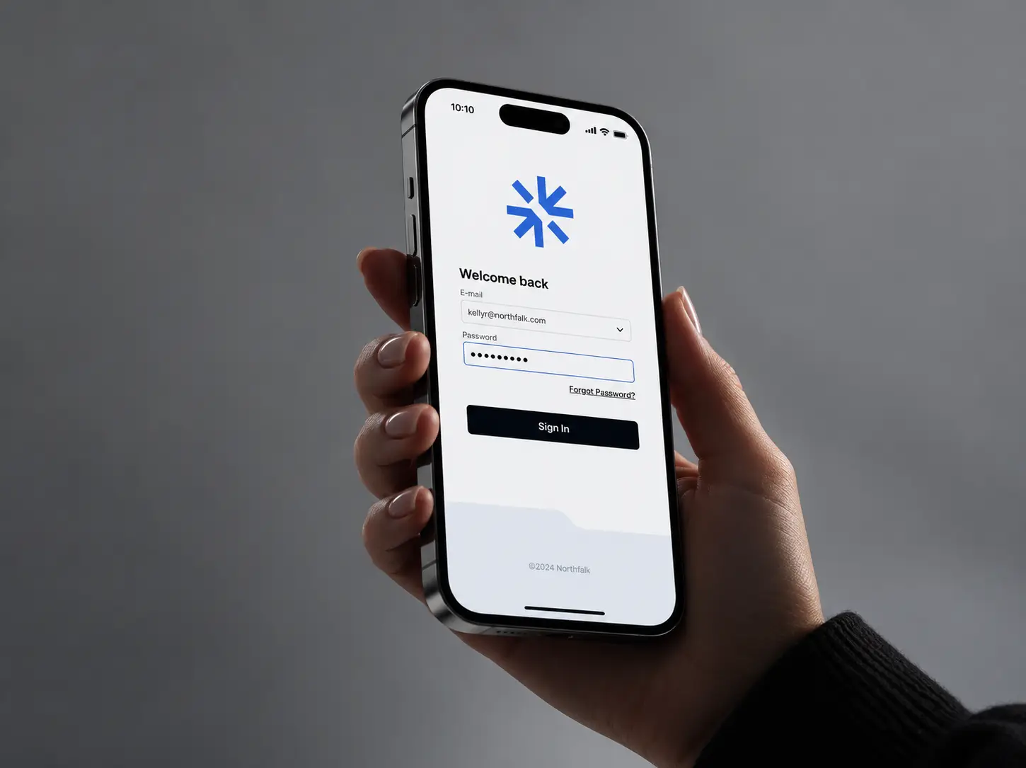 A phone showing the Northfalk sign-in screen