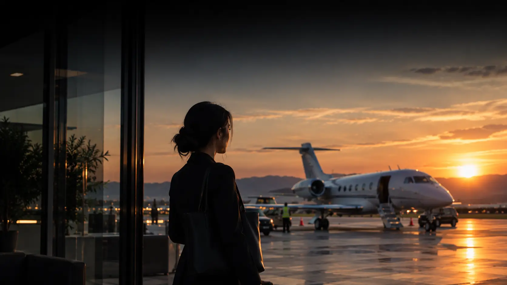 A woman watching a private jet at sunset