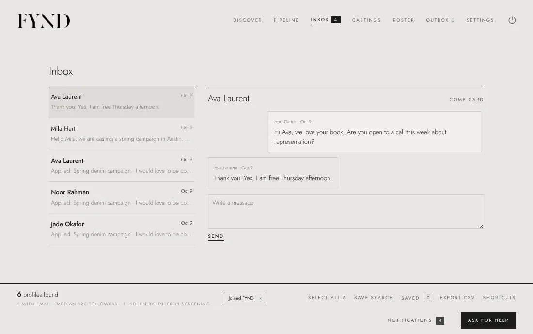 The FYND inbox: a list of conversations beside a message thread