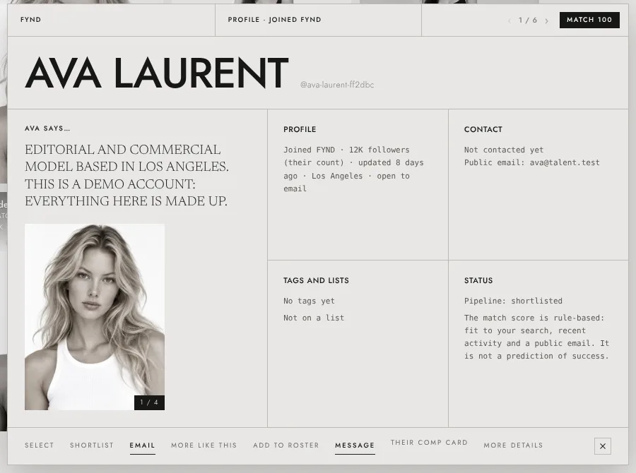 A FYND talent profile with contact details, tags and status