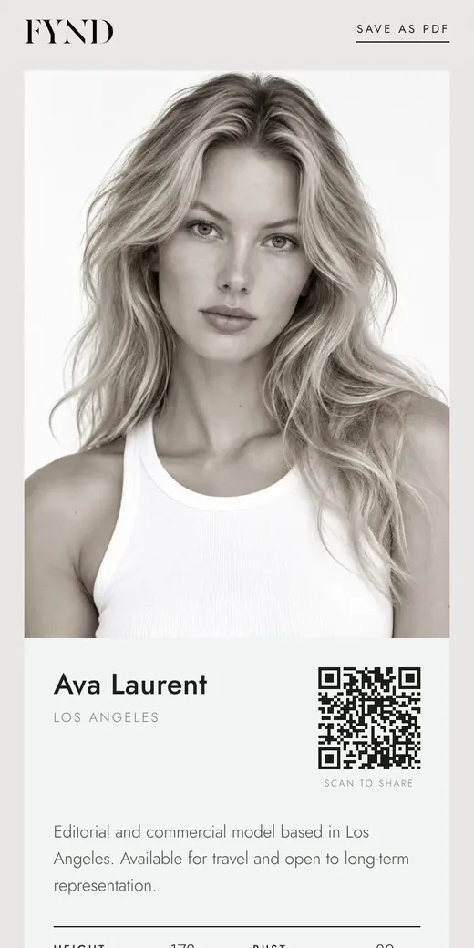 A published comp card on a phone