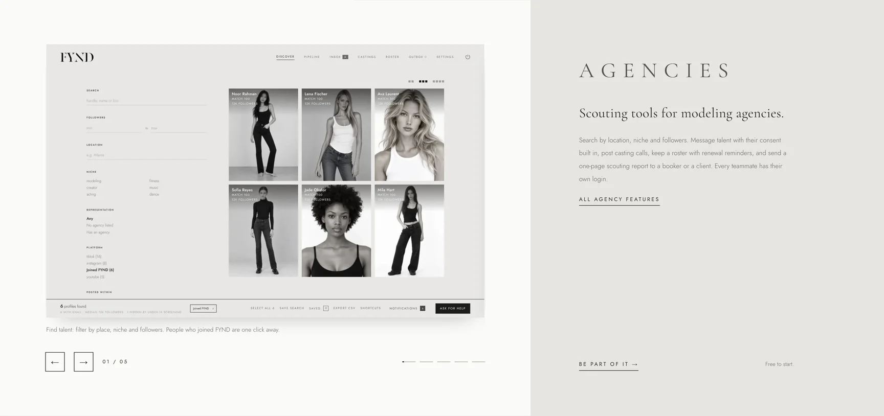 The FYND agency section with a screen of the Discover app