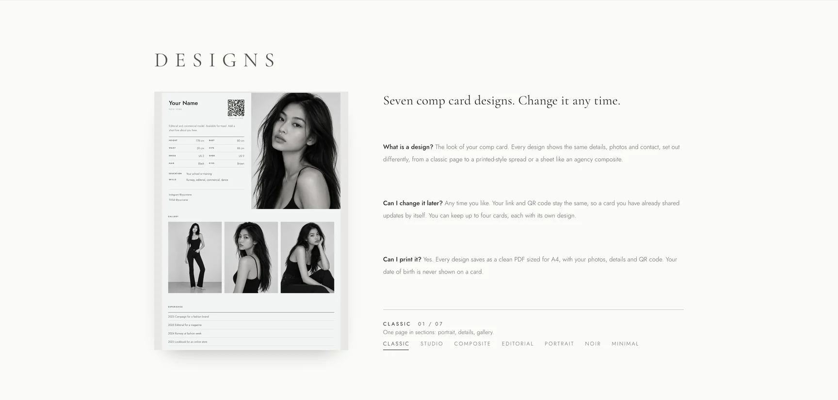 The FYND designs section with a comp card and design names