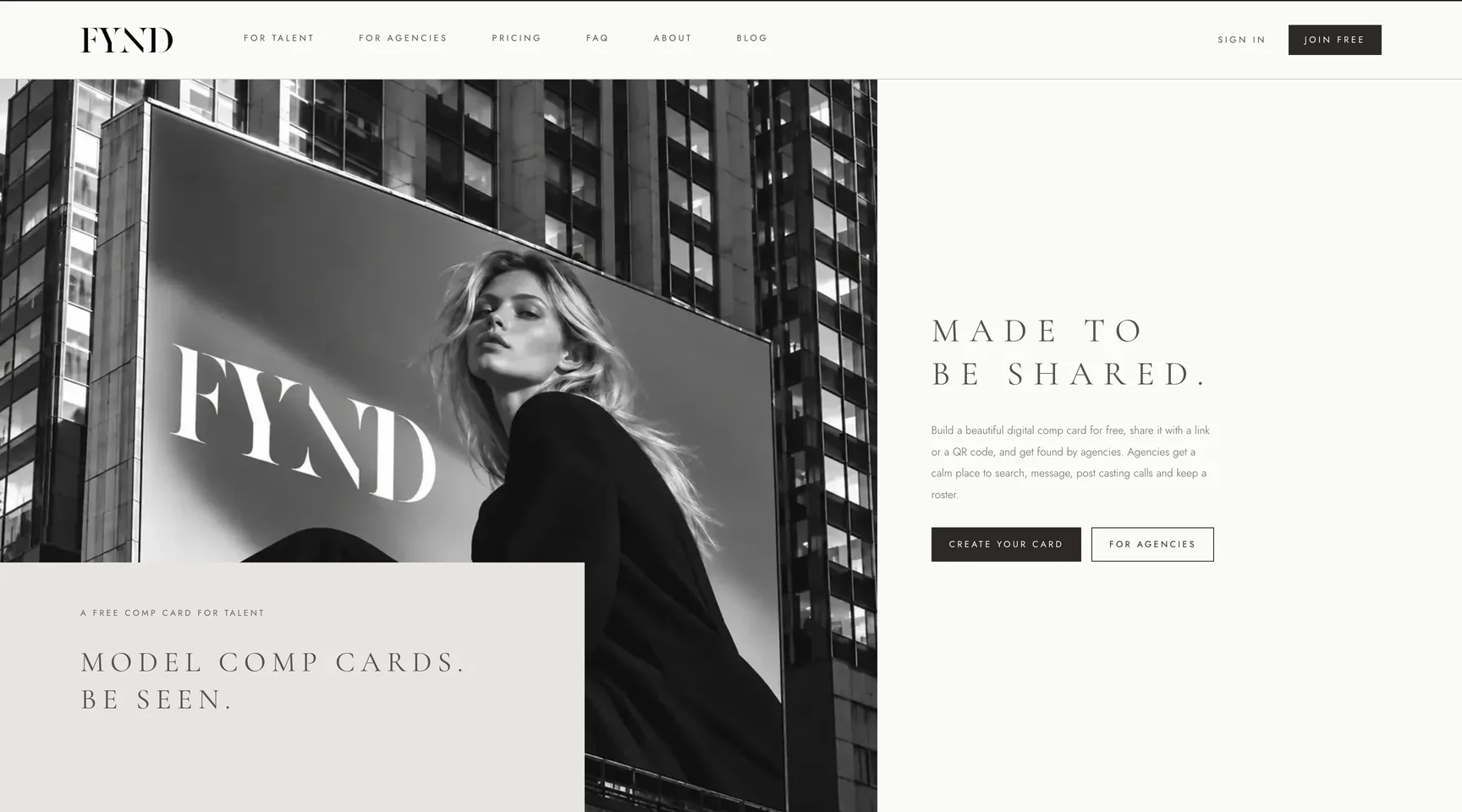 The FYND home page: a billboard photograph, the line Made to be shared, and buttons to create a card or see the agency tools