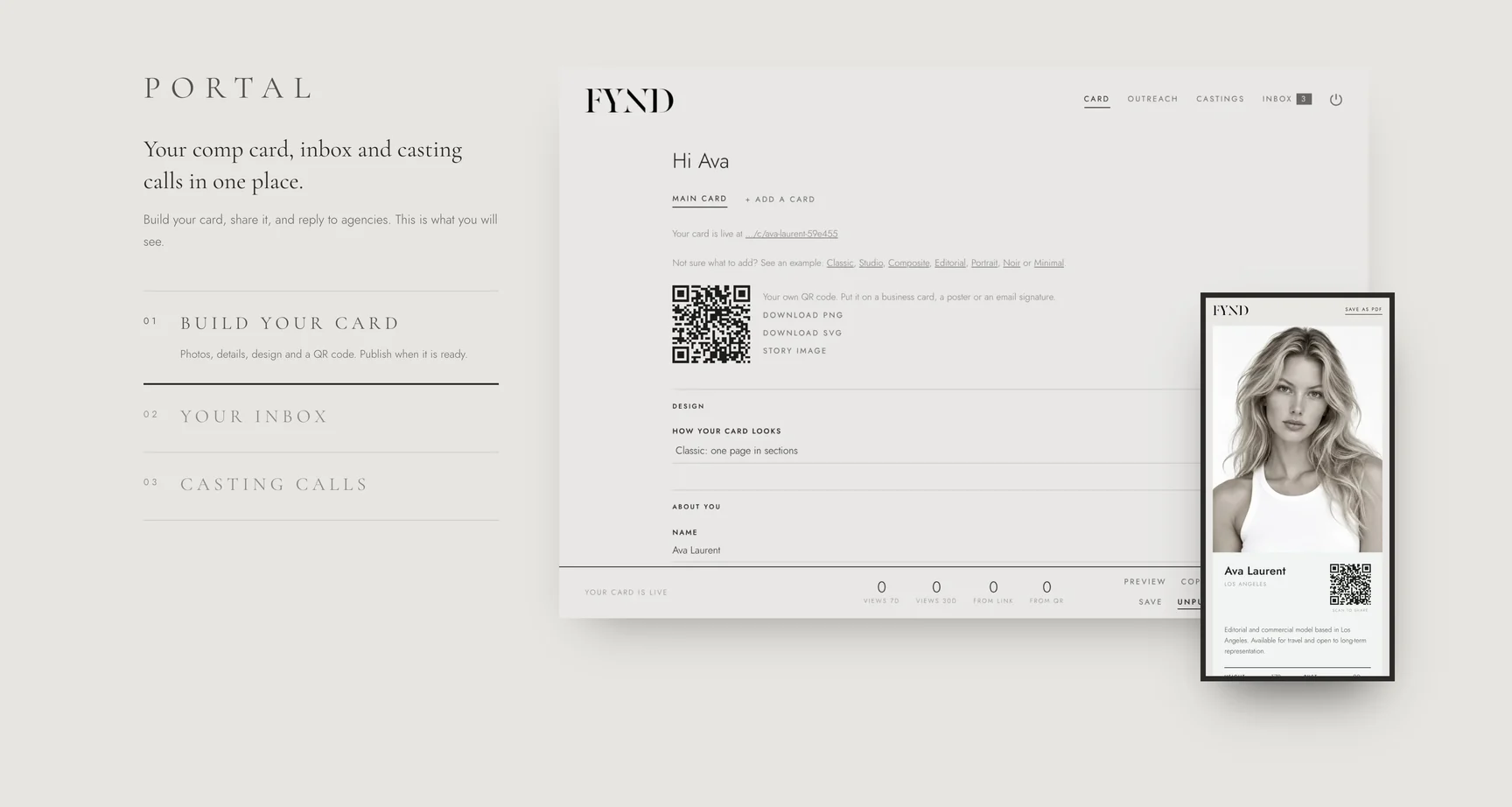 The FYND portal section showing the card editor beside a phone preview