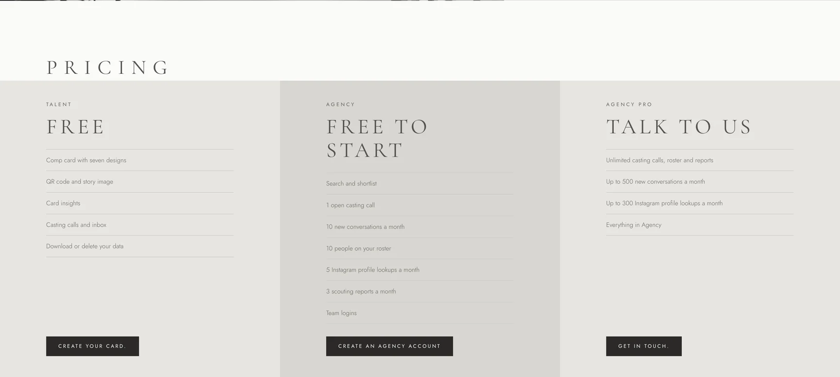 FYND pricing: free for talent, free to start for agencies, and a talk-to-us tier