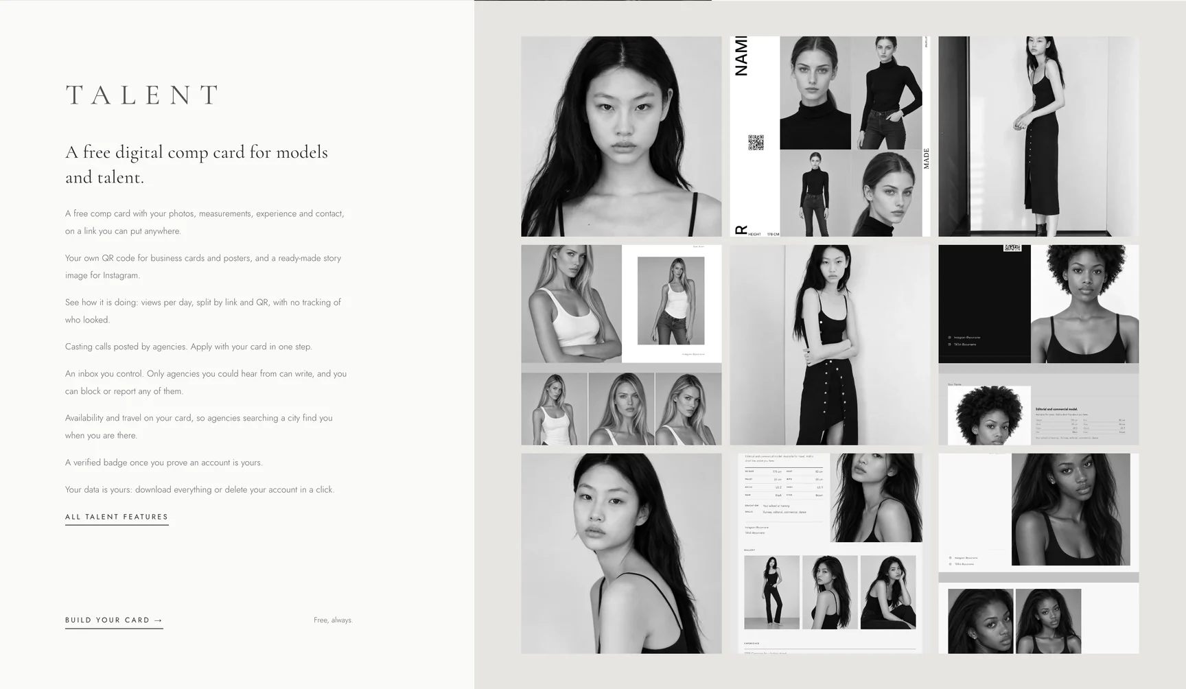 The FYND talent section with a mosaic of comp card designs