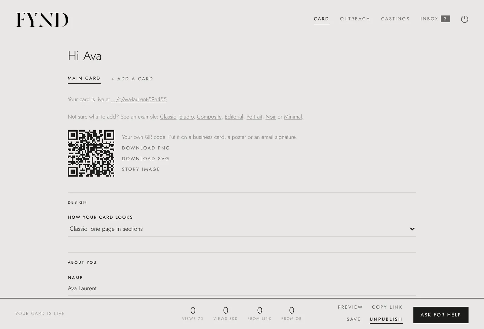 The FYND talent portal: card editor with a QR code and view counts