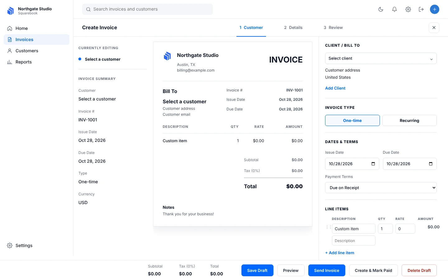 The Squarebook invoice builder with a live preview