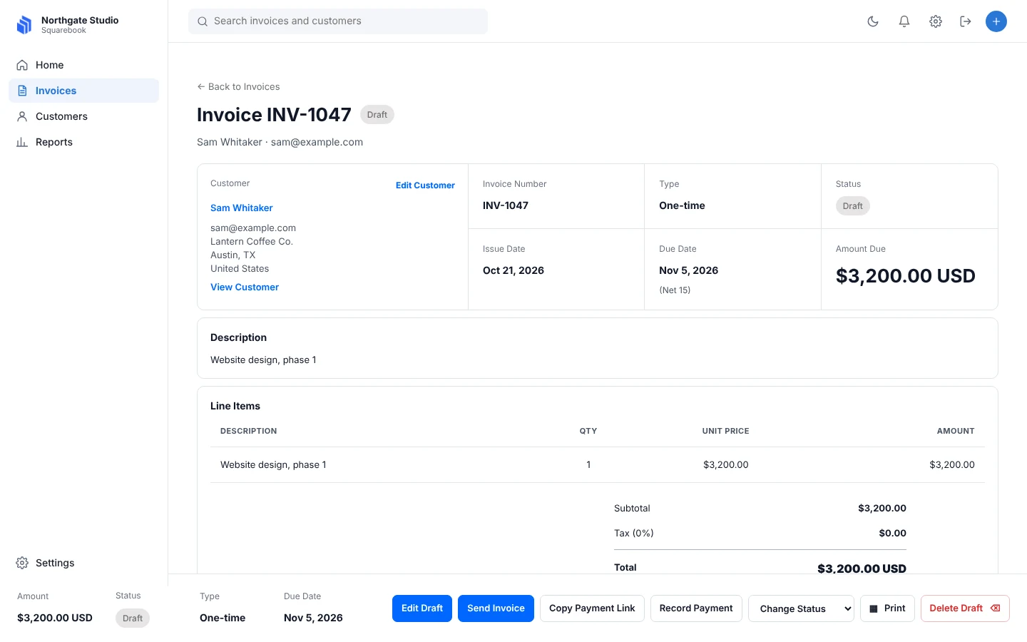 A single invoice with customer, dates, line items and actions