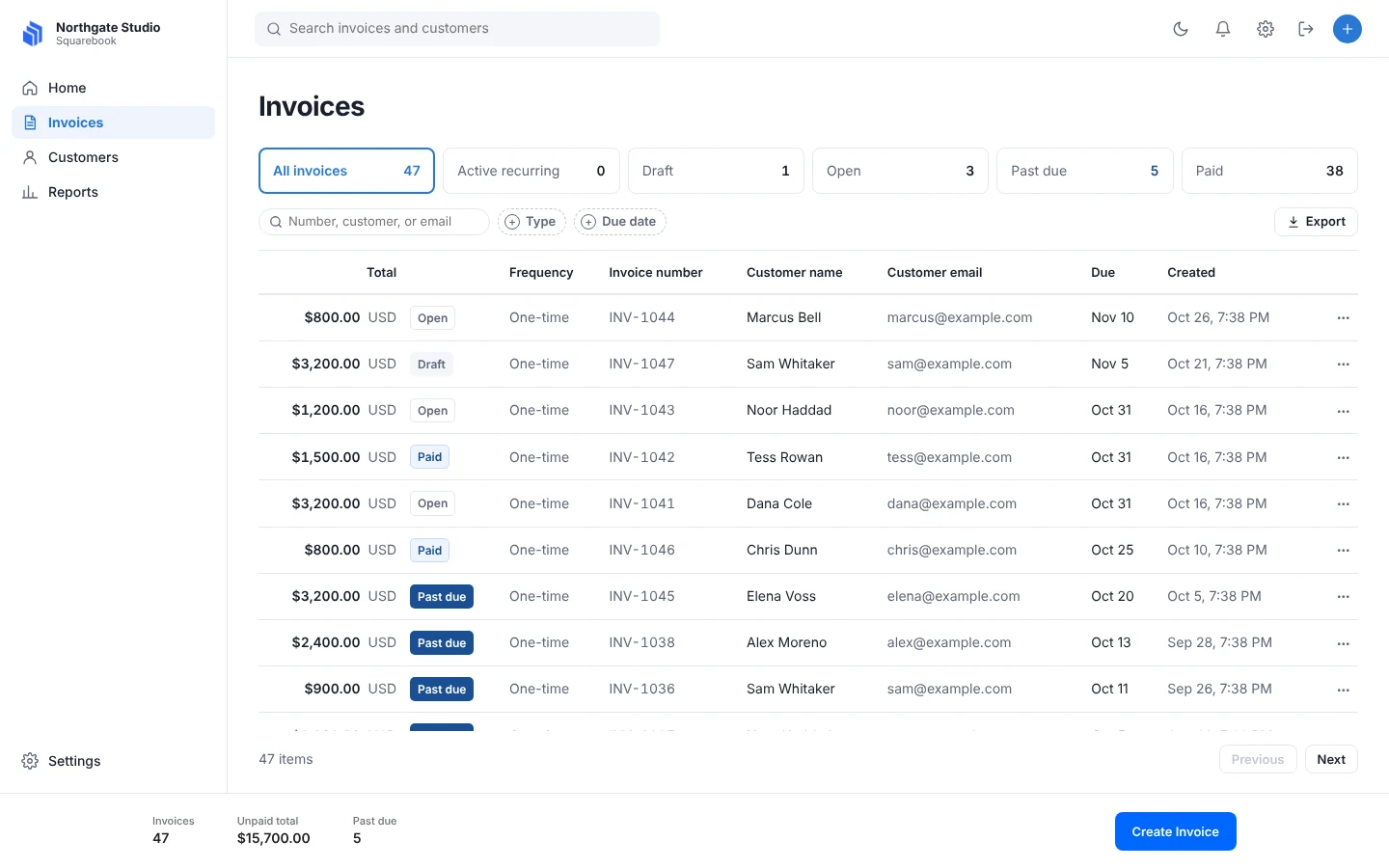 The Squarebook invoice list